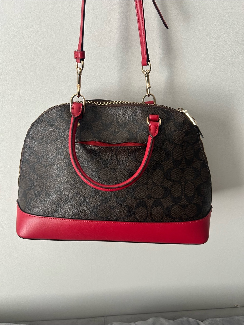 COACH Brown Signature Sierra Dome Satchel with Red Trim F27584 - Picture 2 of 11